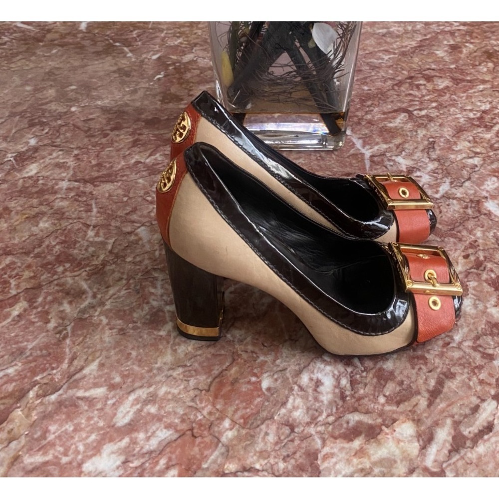 Tory Burch Color-block Leather Open Toe Gold Logo Block heel Pumps 6.5M EUC $325